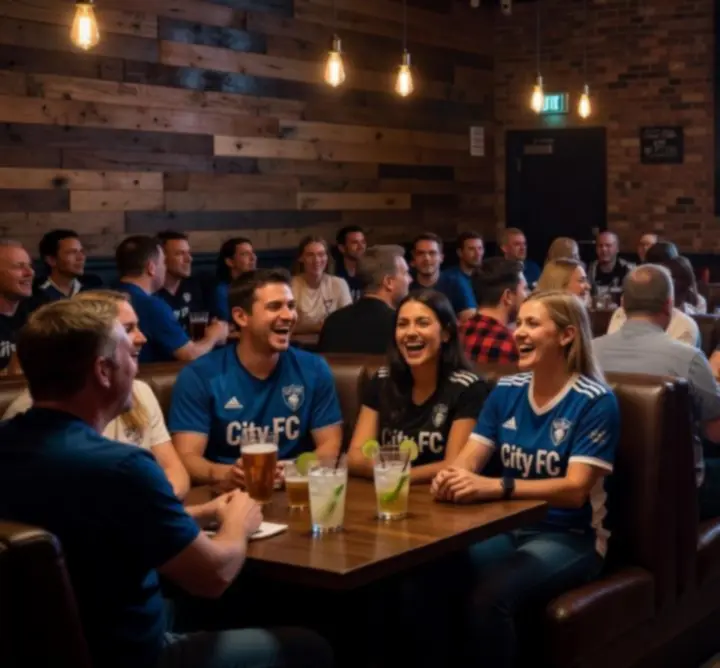 Strefa kibica Acestriva z kibicami oglądającymi transmisję sportową na dużym ekranie